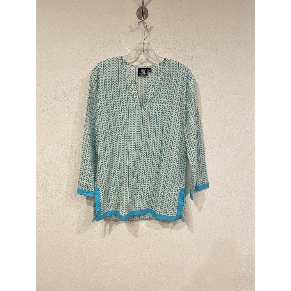 Madison Mathews Shirt Womens Small Blue White Arrow Print Tunic India Boho Top